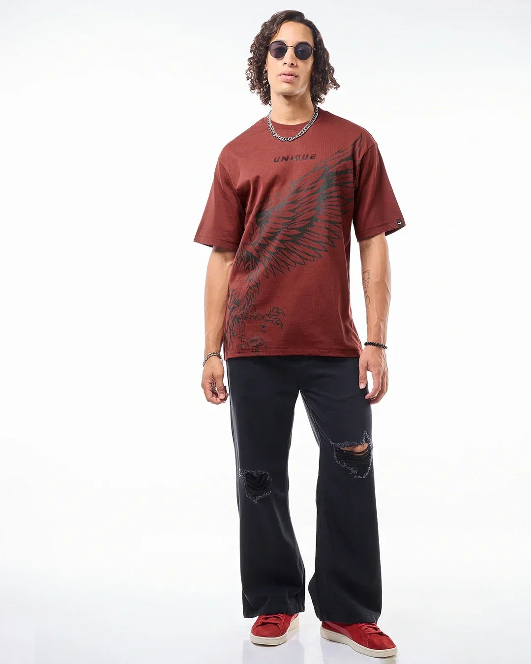 Men's Brick Red Unique Graphic Printed Oversized T-shirt