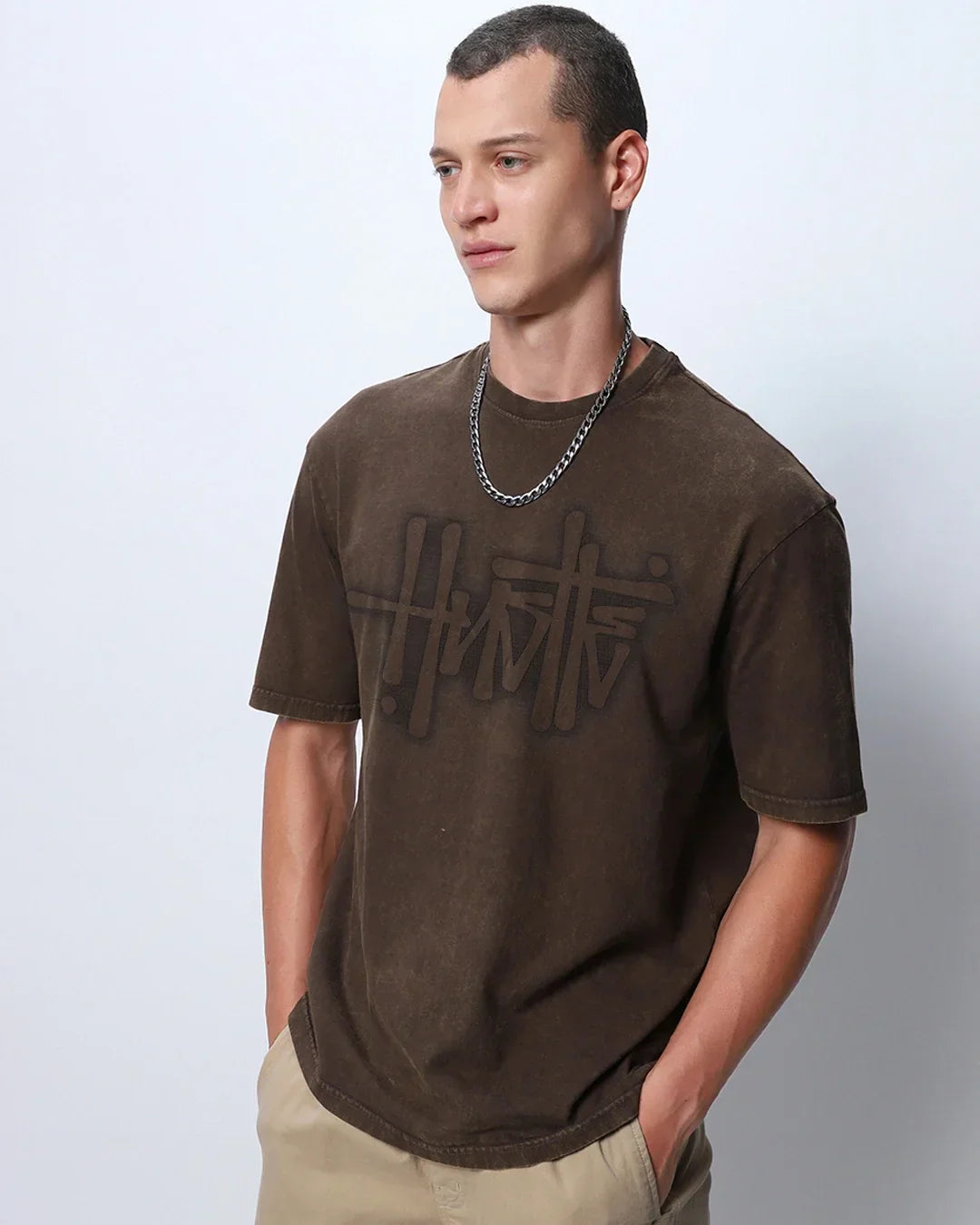 Men's Brown Hustle Typography Oversized Acid Wash T-shirt