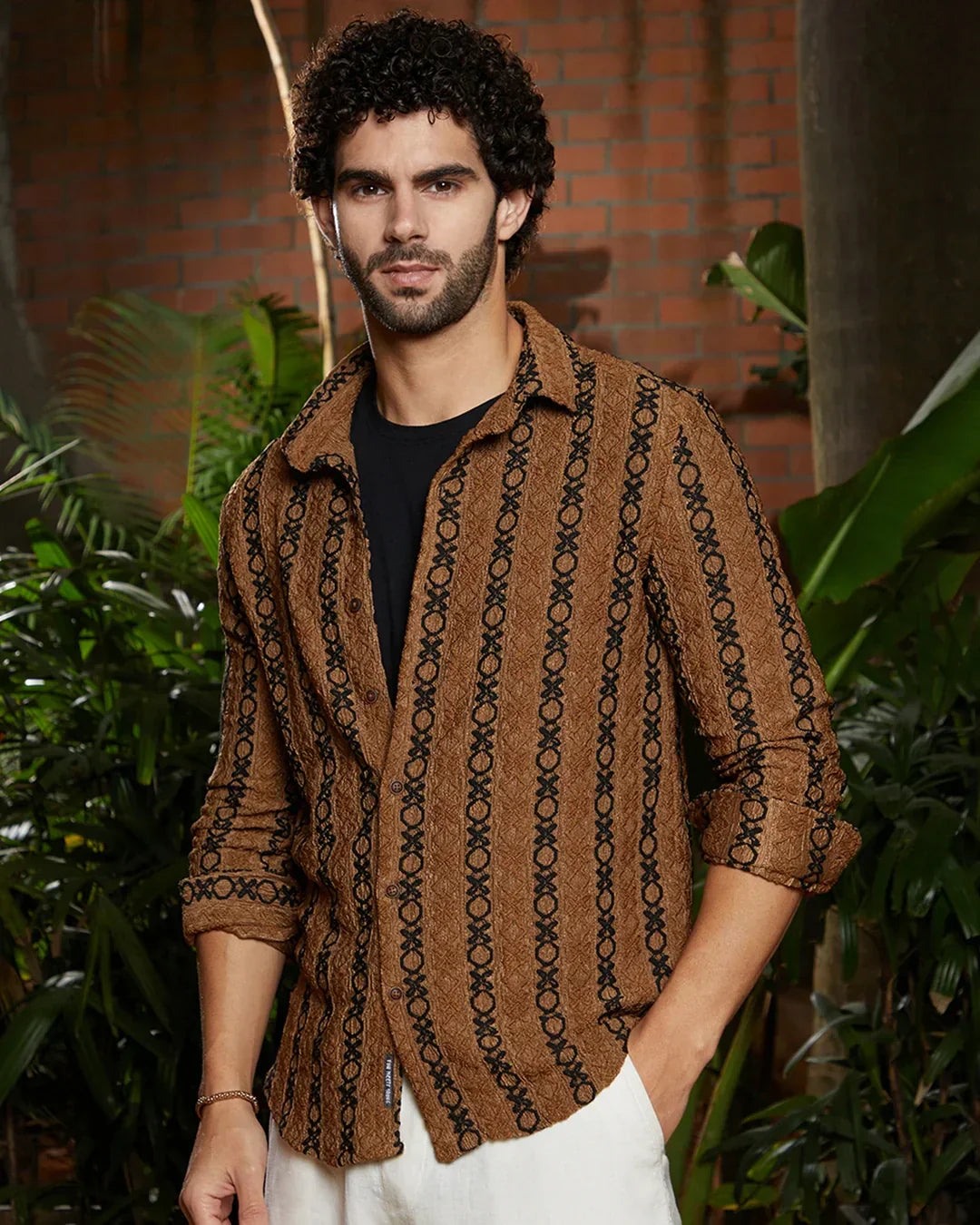 Men's Chocolate Brown & Black Embroidered Shirt