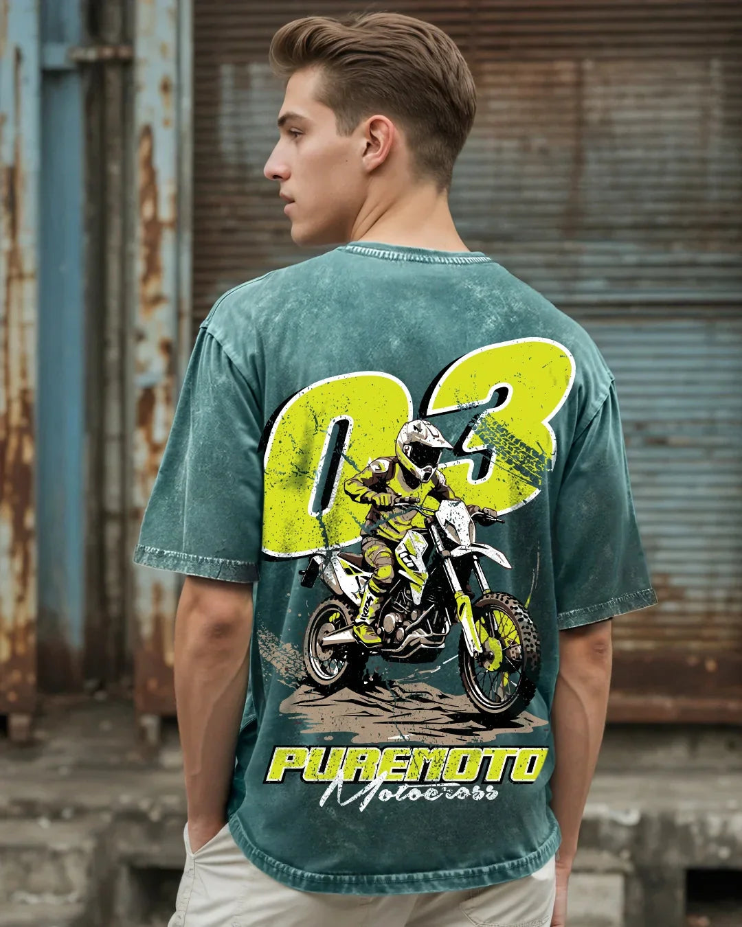 Men's Dark Sea Green Pure Moto Graphic Printed Oversized Acid Wash T-shirt