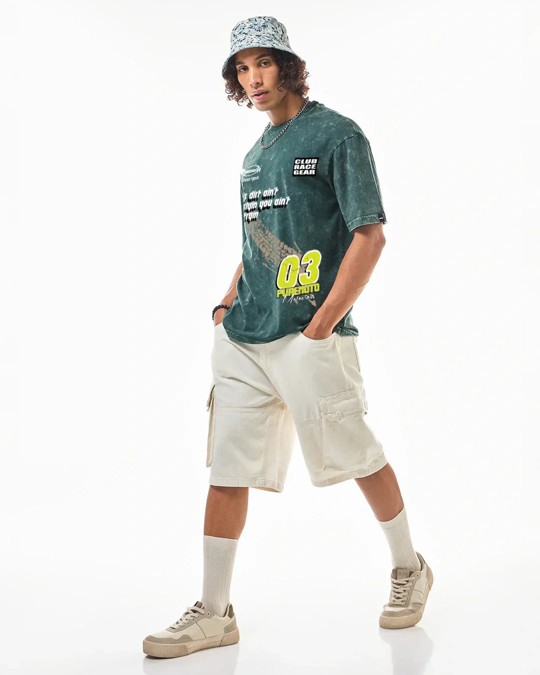 Men's Dark Sea Green Pure Moto Graphic Printed Oversized Acid Wash T-shirt