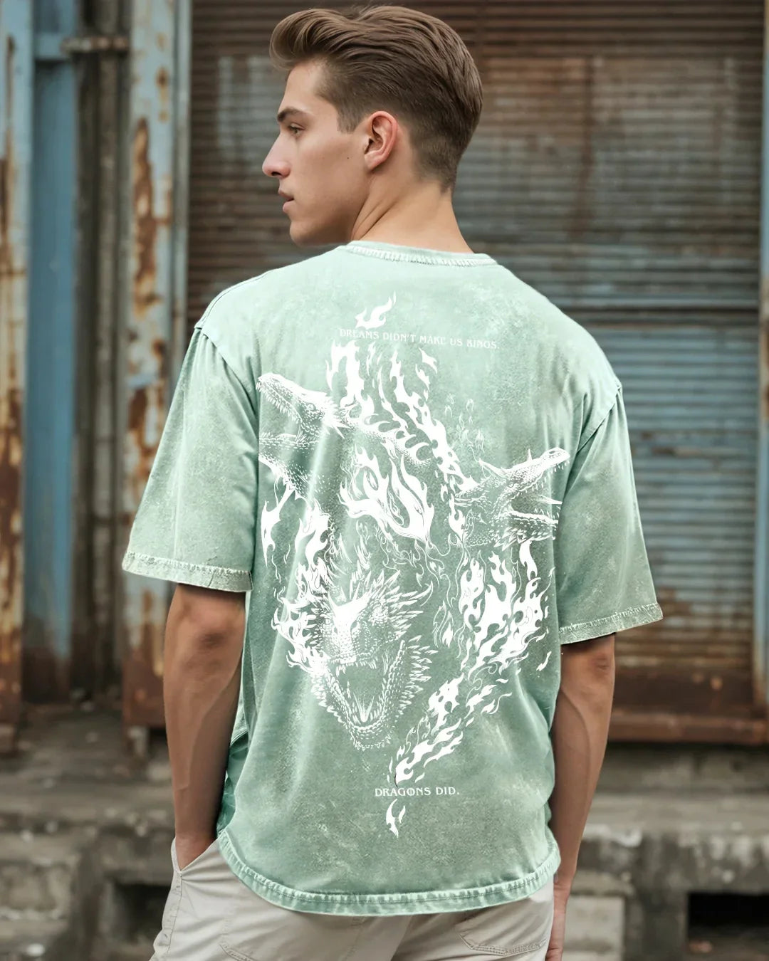 Men's Green Dragon House Graphic Printed Oversized Acid Wash T-shirt
