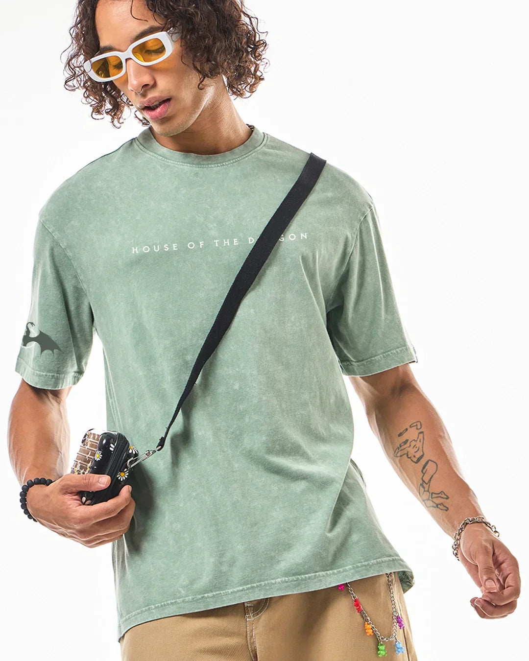 Men's Green Dragon House Graphic Printed Oversized Acid Wash T-shirt