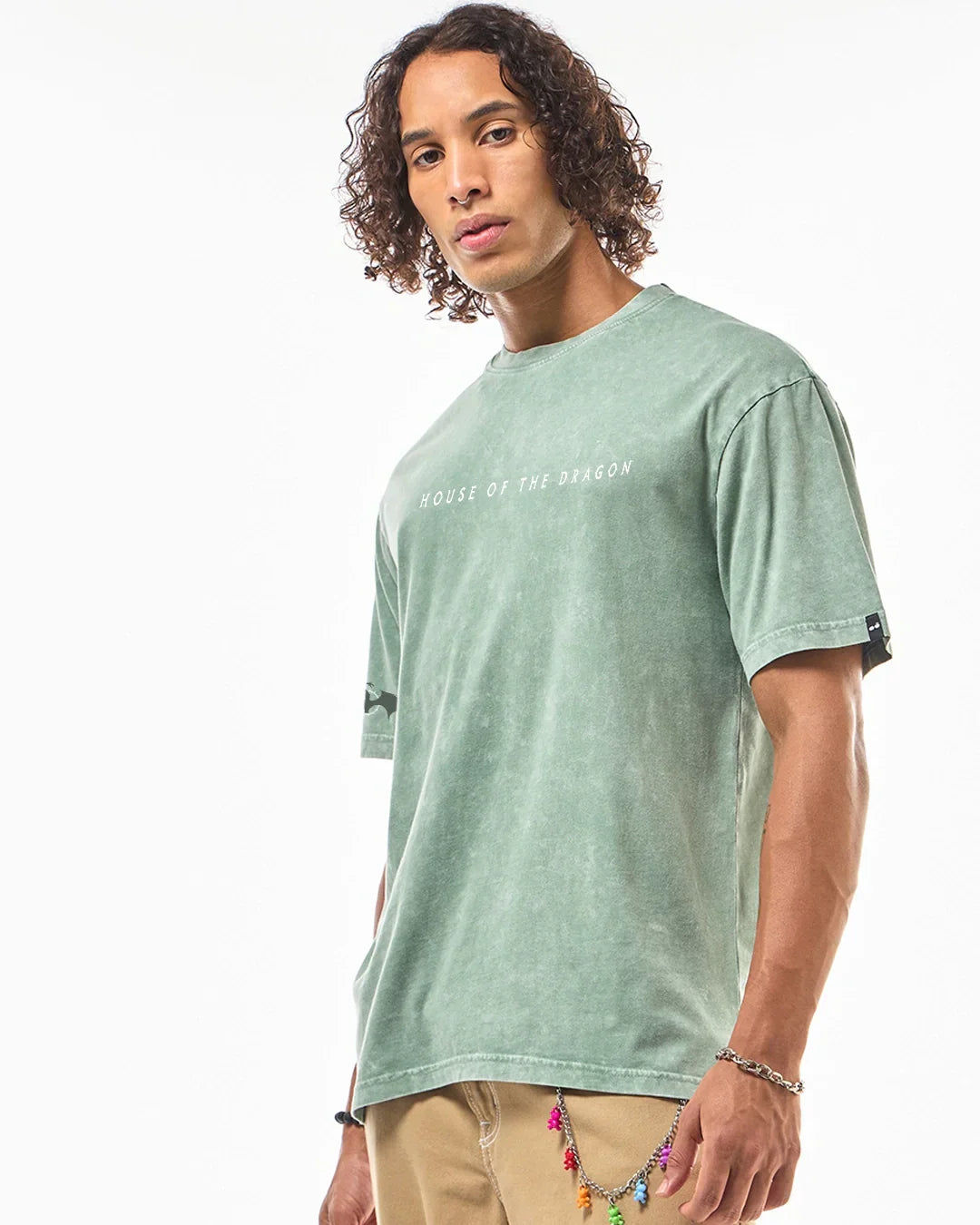 Men's Green Dragon House Graphic Printed Oversized Acid Wash T-shirt