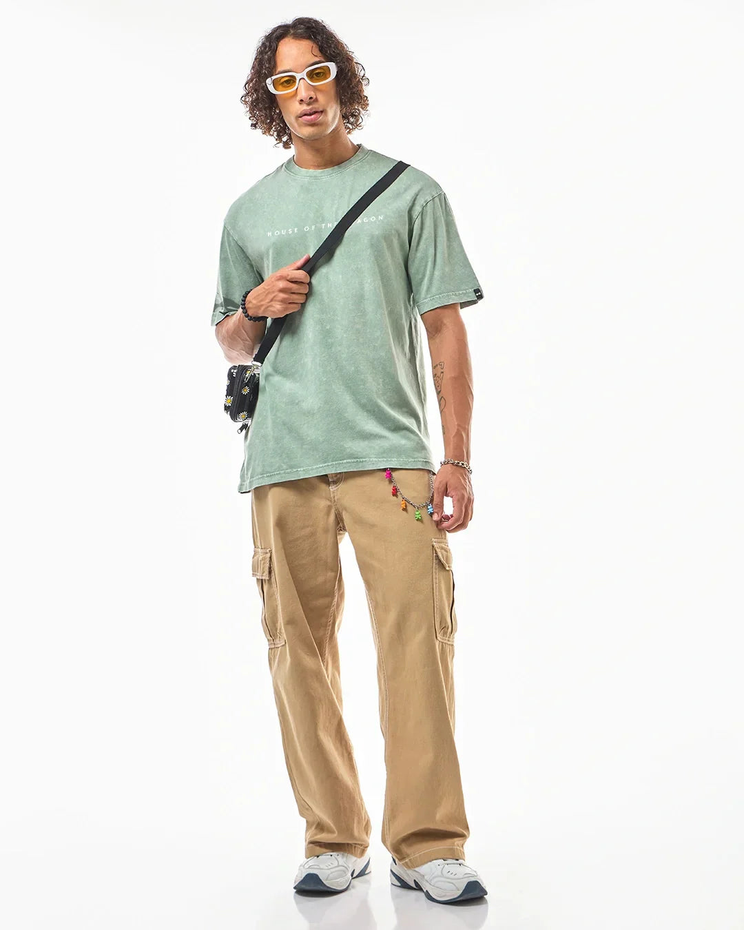 Men's Green Dragon House Graphic Printed Oversized Acid Wash T-shirt