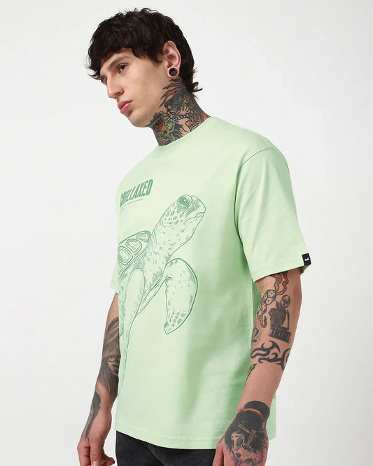 Men's Green Fog Green Turtle Graphic Printed Oversized T-shirt