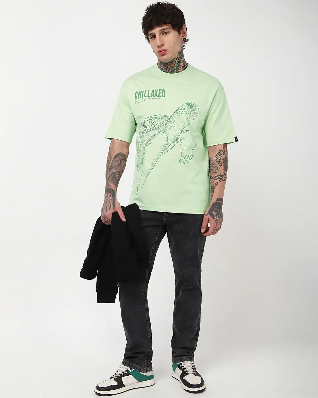 Men's Green Fog Green Turtle Graphic Printed Oversized T-shirt