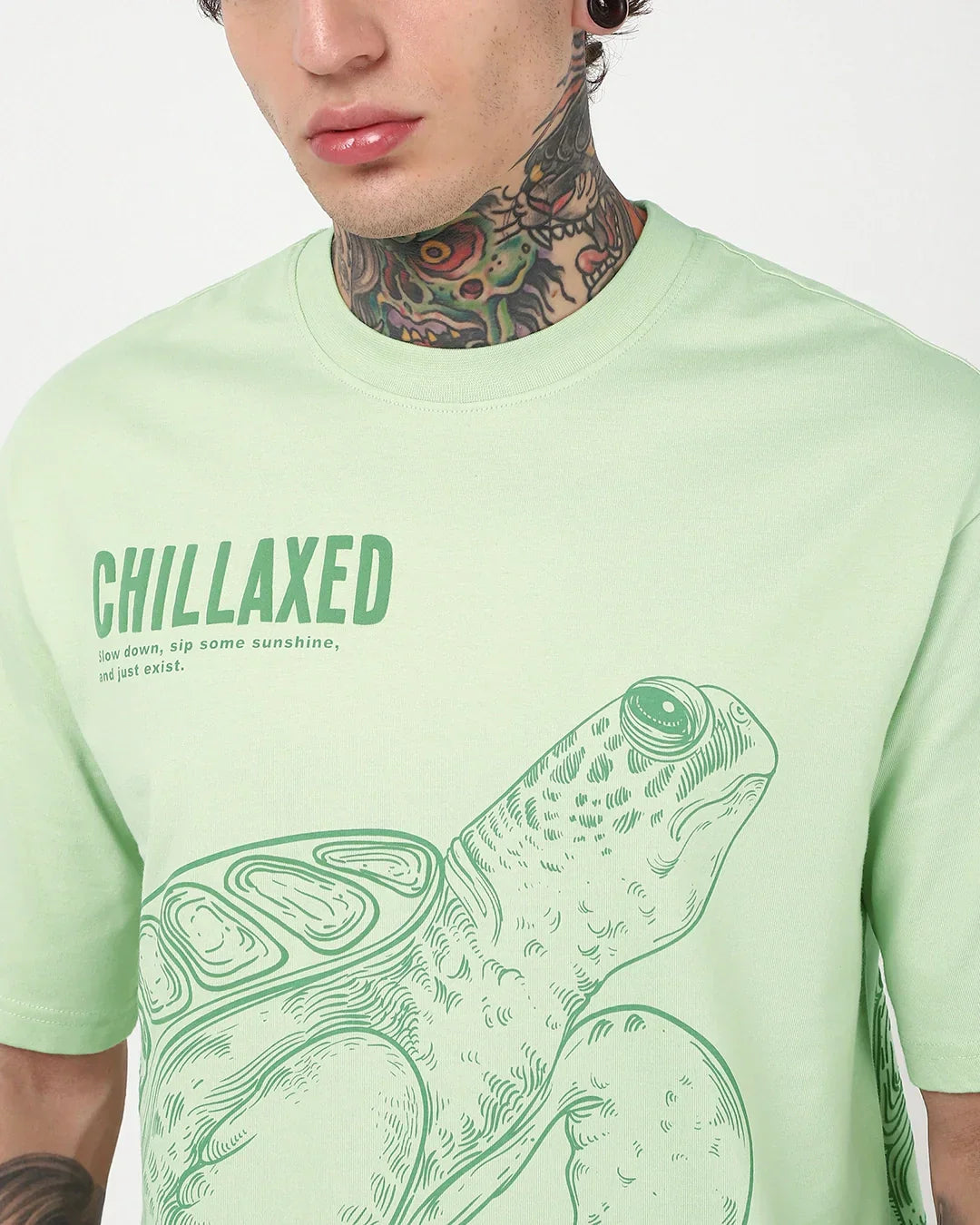 Men's Green Fog Green Turtle Graphic Printed Oversized T-shirt