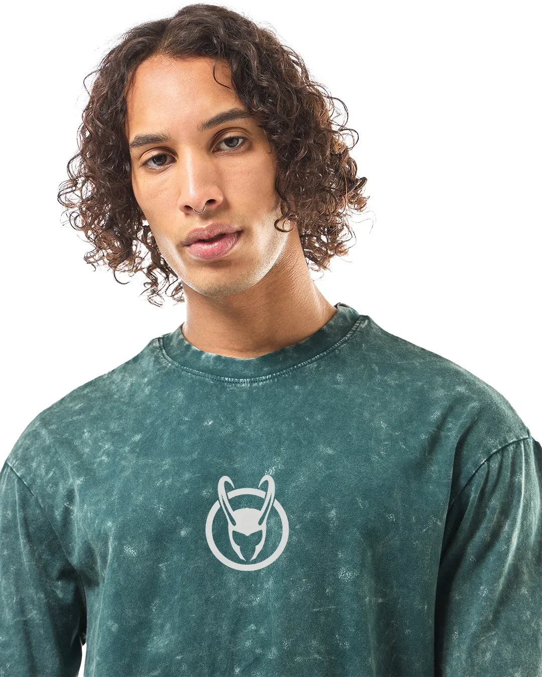 Men's Green Loki Graphic Printed Oversized Acid Wash T-shirt
