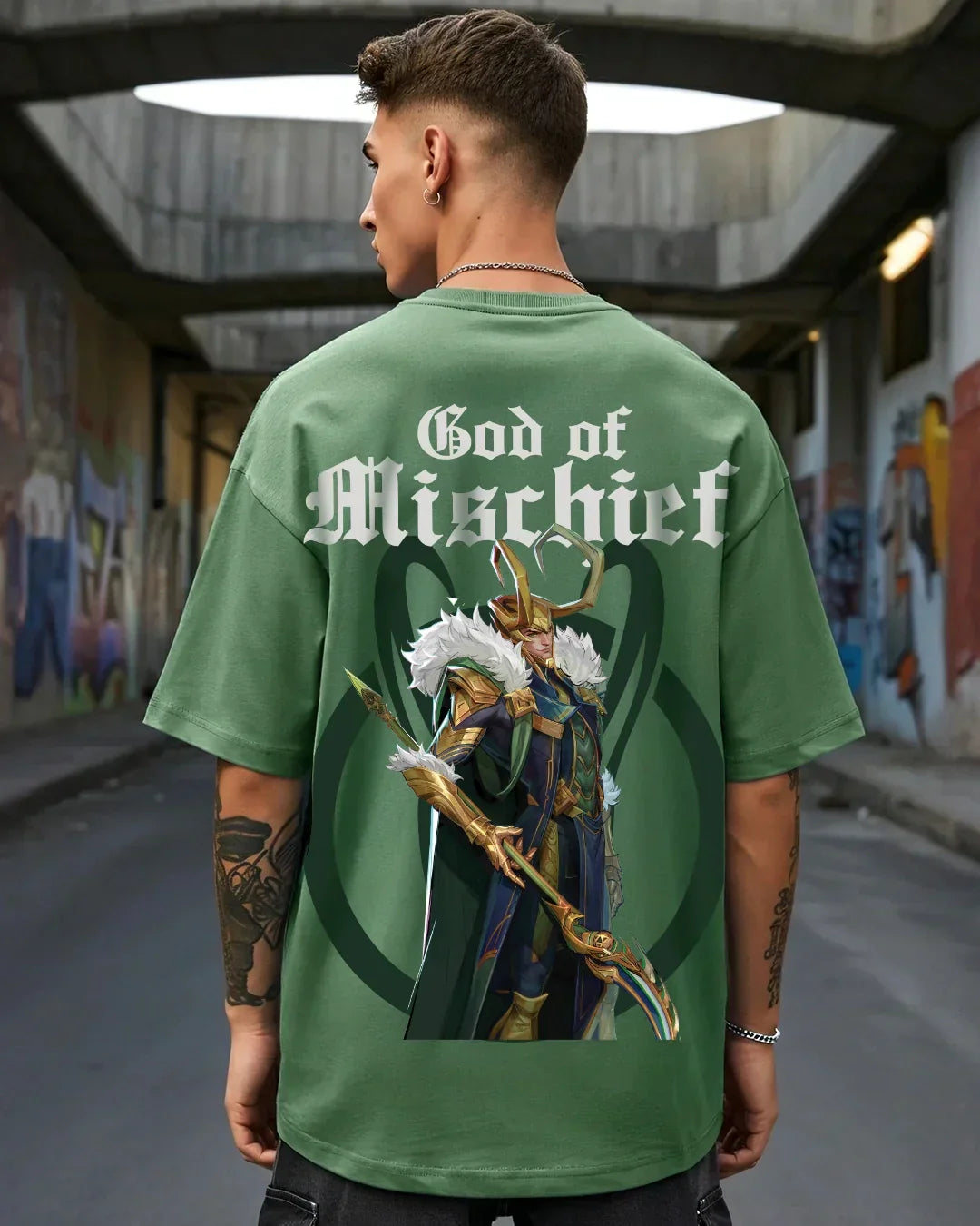 Men's Green Loki Graphic Printed Oversized T-shirt