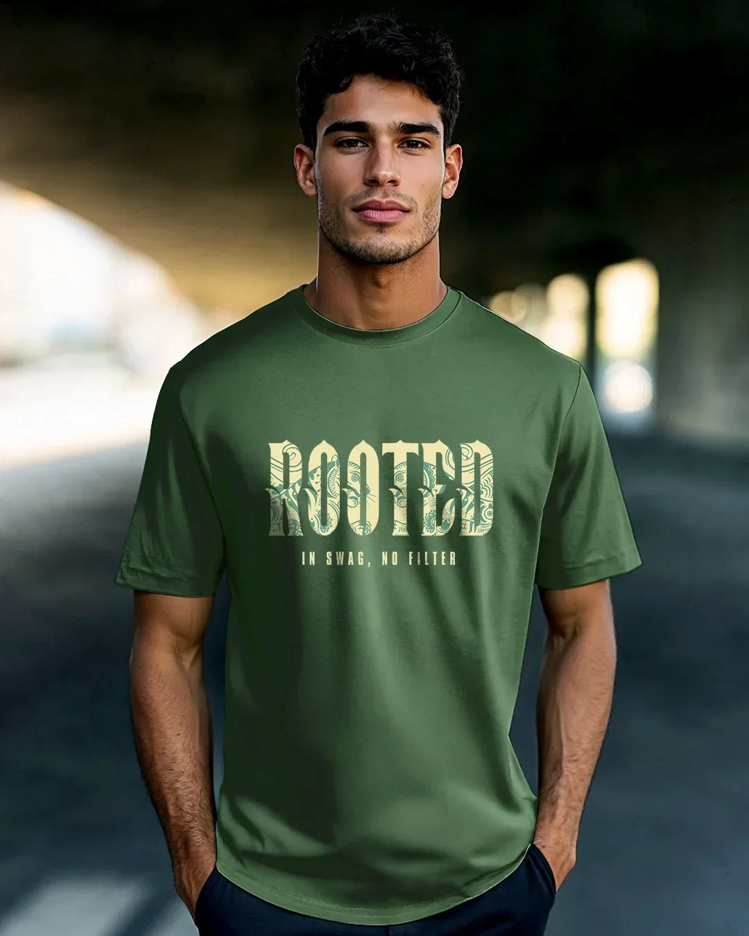 Men's Green Rooted Drip Typography T-shirt
