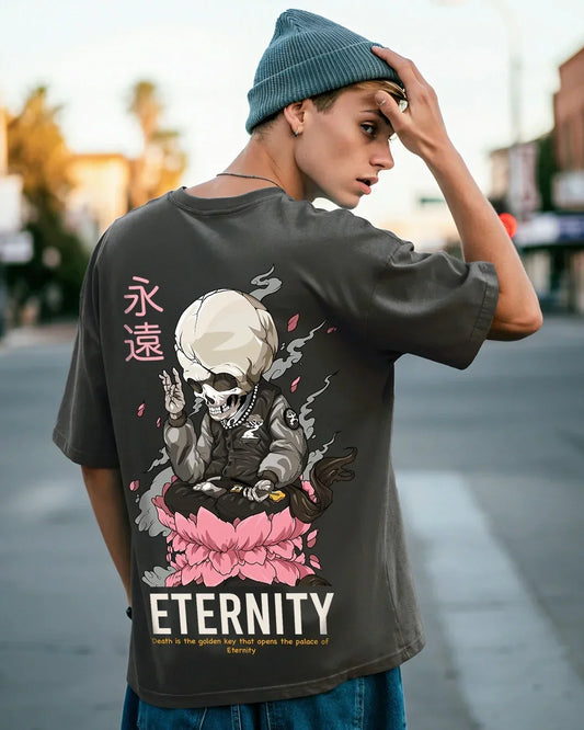 Men's Grey Eternity Graphic Printed Oversized T-shirt