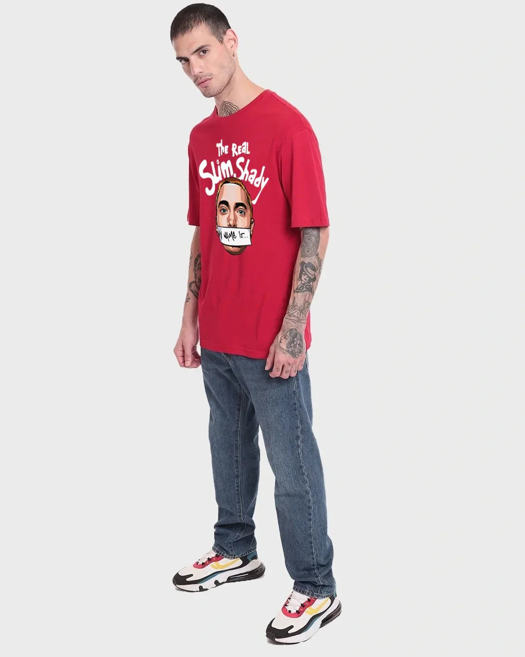 Men's Red Real Slim Shady Graphic Printed Oversized T-shirt