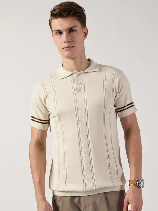 Men Striped Polo Neck Pure Cotton Beige T-Shirt