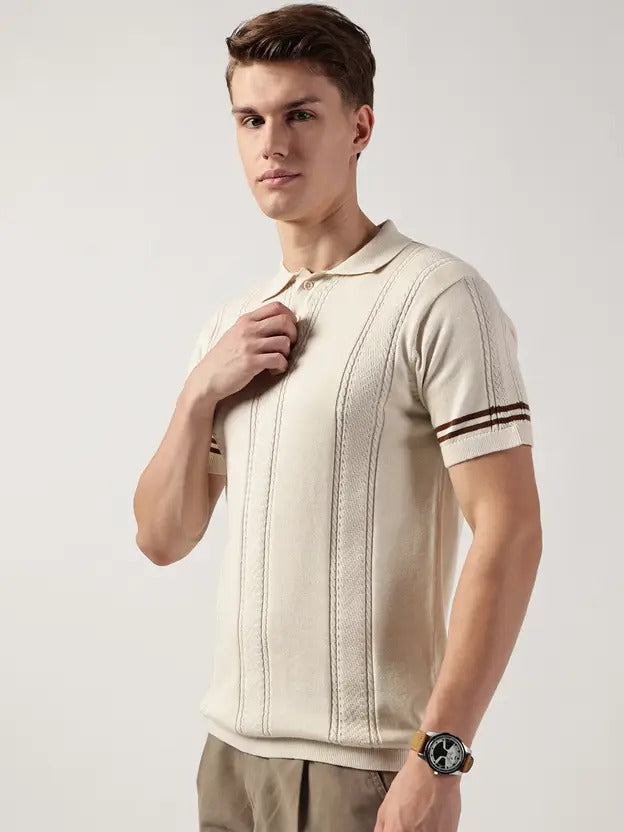Men Striped Polo Neck Pure Cotton Beige T-Shirt